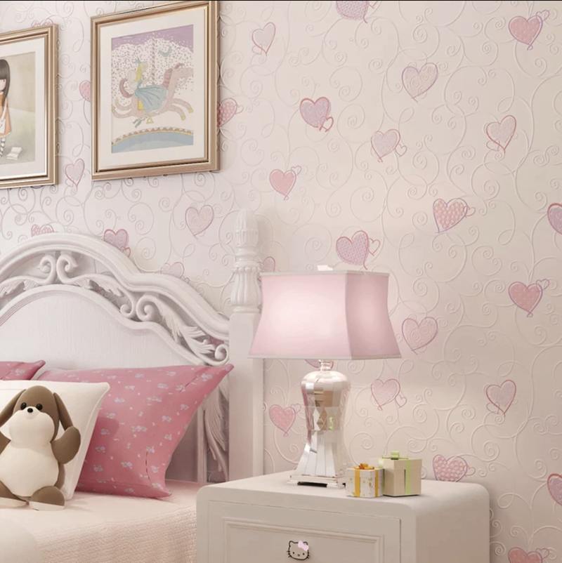 giấy dán tường phòng ngủ màu hồng nhạt cho bé gái